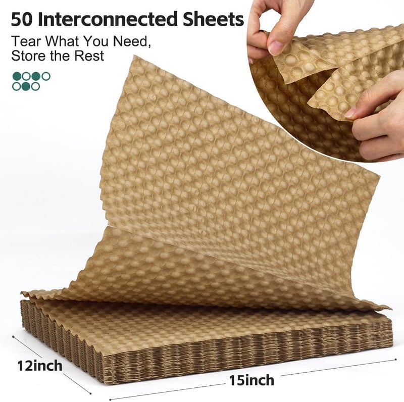 Deamoser أوراق تغليف فقاعات الورق للتعبئة 15" × 12" × 50 قدم تغليف فقاعات للحركة، التعبئة، الشحن، ورق تعبئة قابل لإعادة التدوير للزجاج، الأطباق، تغليف عازل قابل للتحلل مع 24 ملصق هش. - Image 2